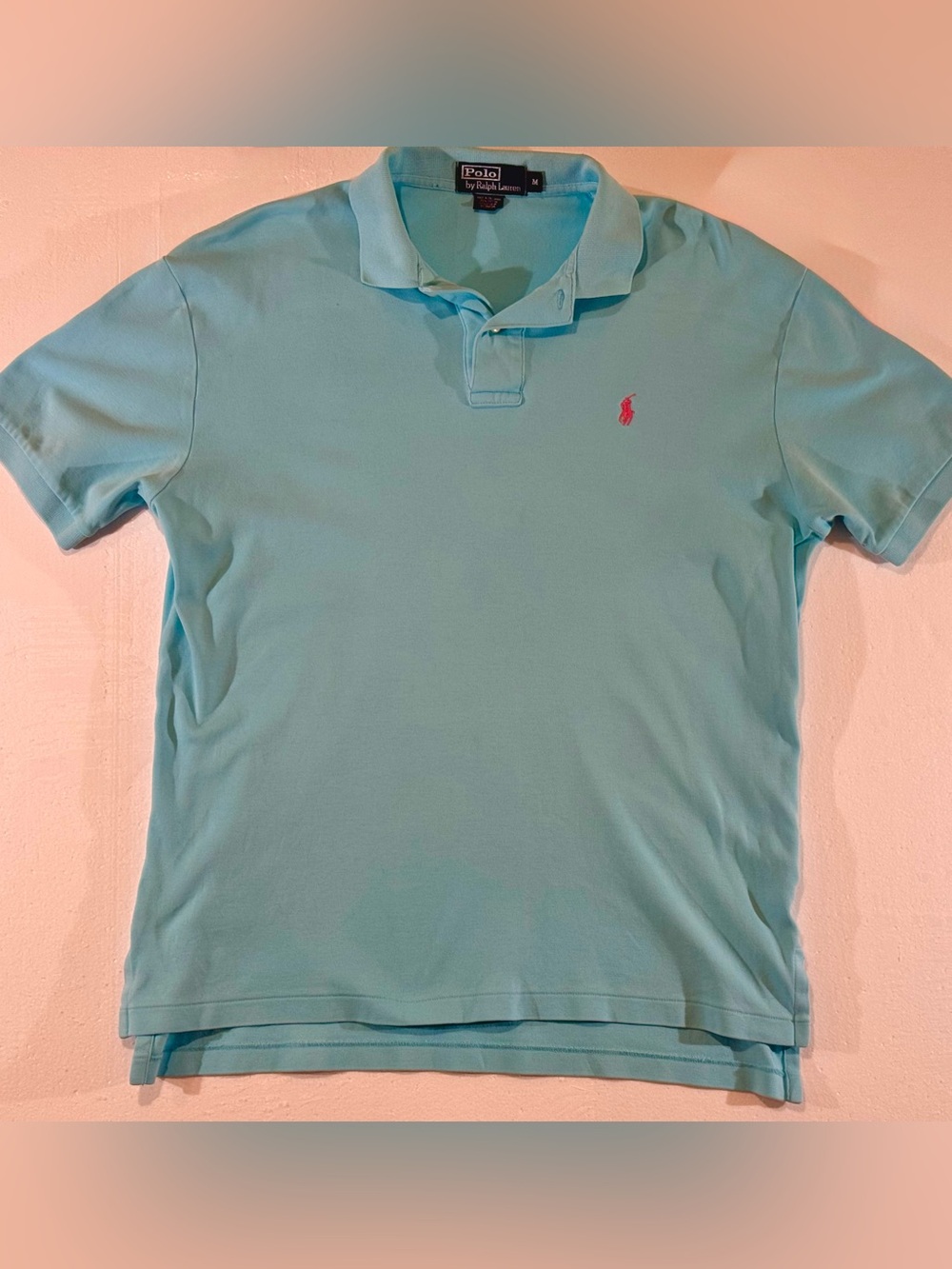Ralph Lauren 100%  Cotton Short Sleeve Polo in Aqua with Pink Pony Men’s Medium